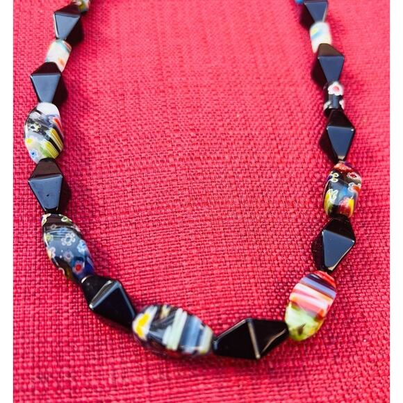 Millefiori Multicolored & Black Glass Beaded Necklaces 16” Artisan Boho T Clasp - Picture 6 of 11